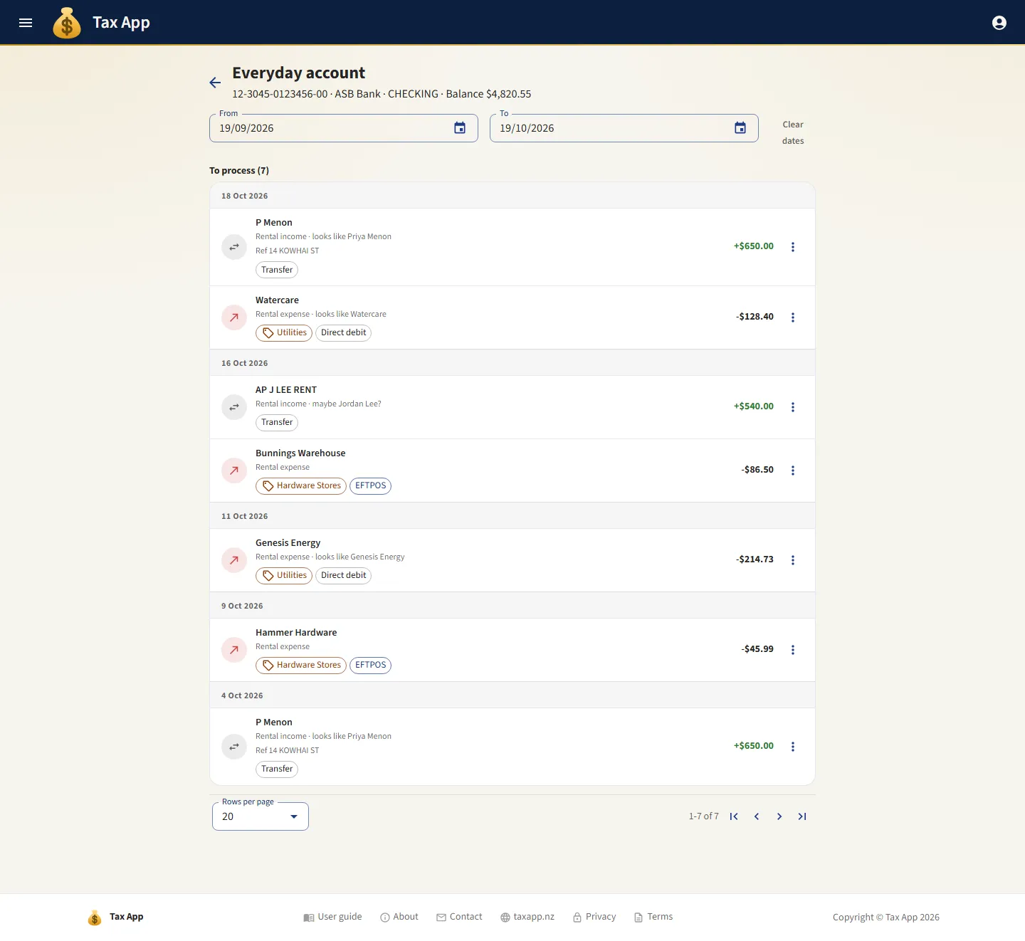 Tax App bank transactions screen listing a bank account's transactions grouped by day, each showing the business paid, the record it would become, the contact it appears to be, and how it was paid