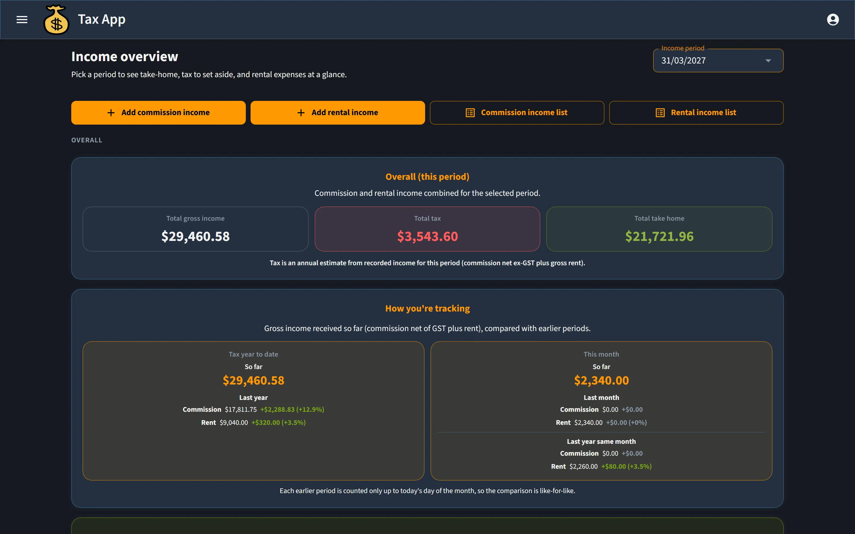Tax App dashboard showing income overview: total gross income, tax to set aside, take-home pay and year-on-year tracking