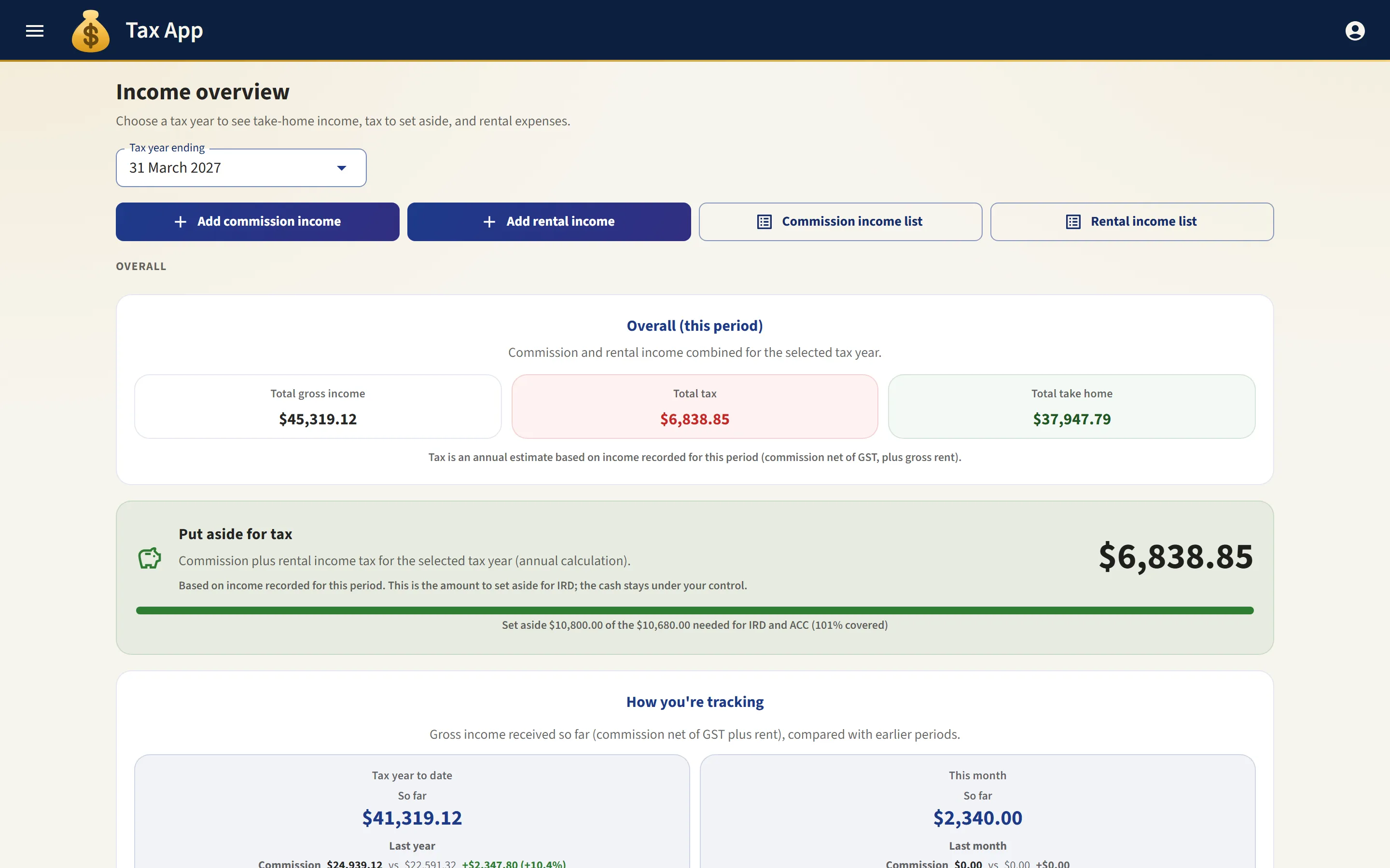 Tax App dashboard showing income overview: total gross income, tax to set aside, take-home pay and year-on-year tracking