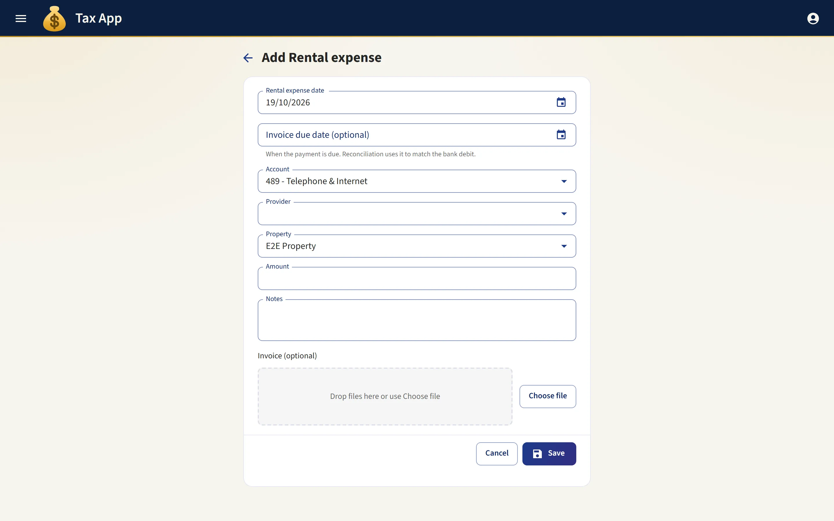 Tax App expense form with invoice upload dropzone and AI-extracted fields