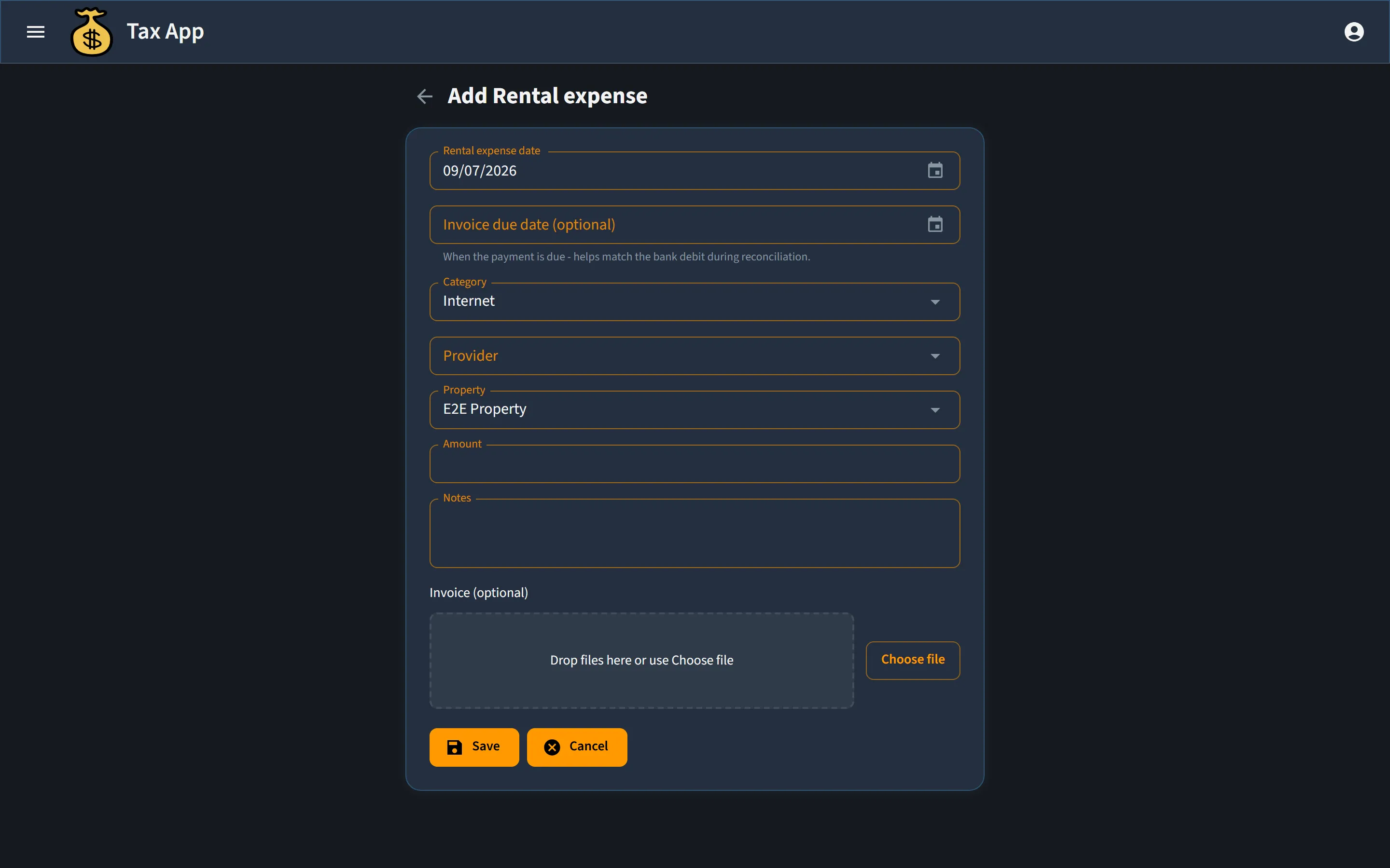 Tax App expense form with invoice upload dropzone and AI-extracted fields