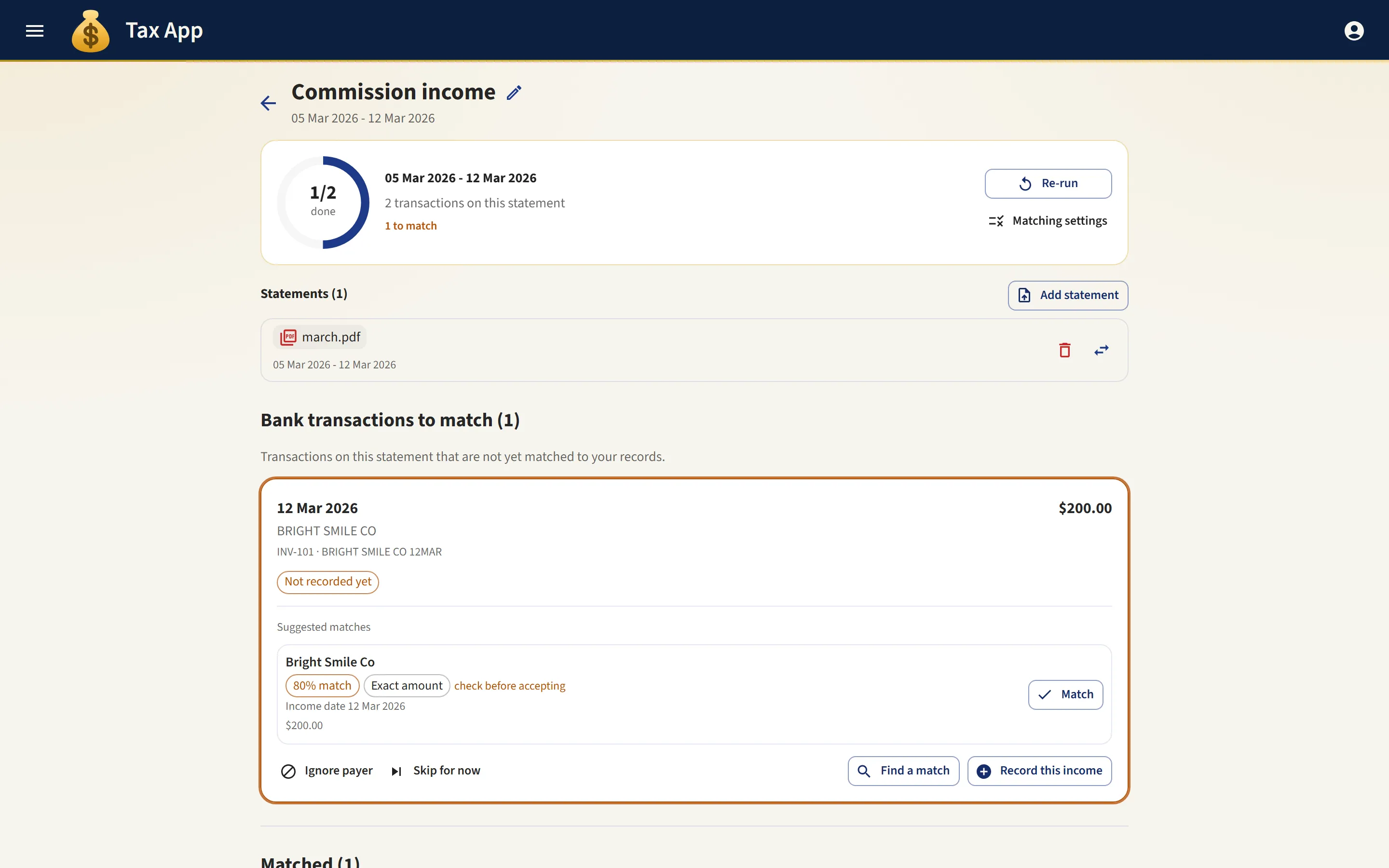 Tax App bank reconciliation screen matching statement transactions against records with match confidence
