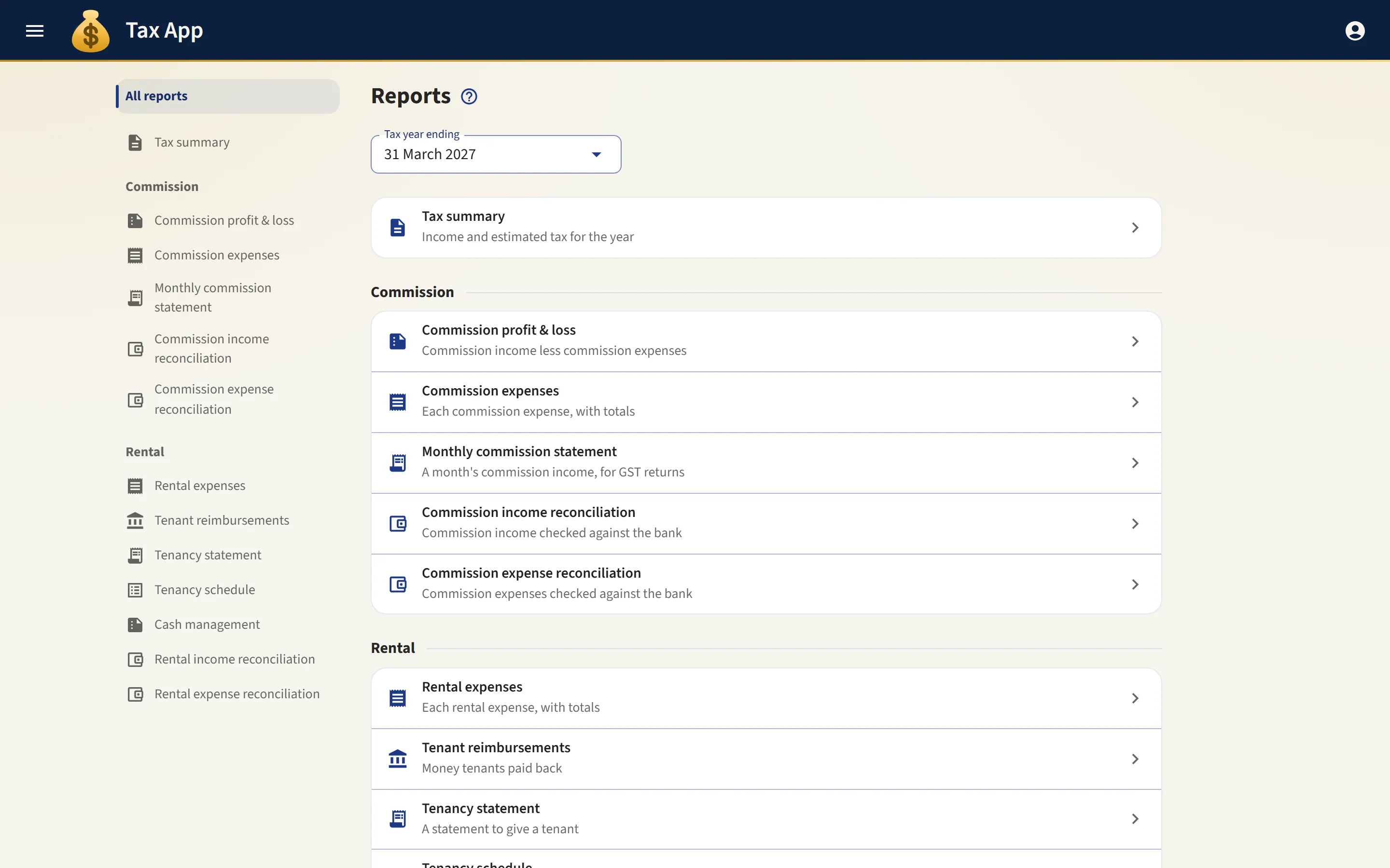 Tax App reports hub listing tax summary, rental, commission and reconciliation PDF reports