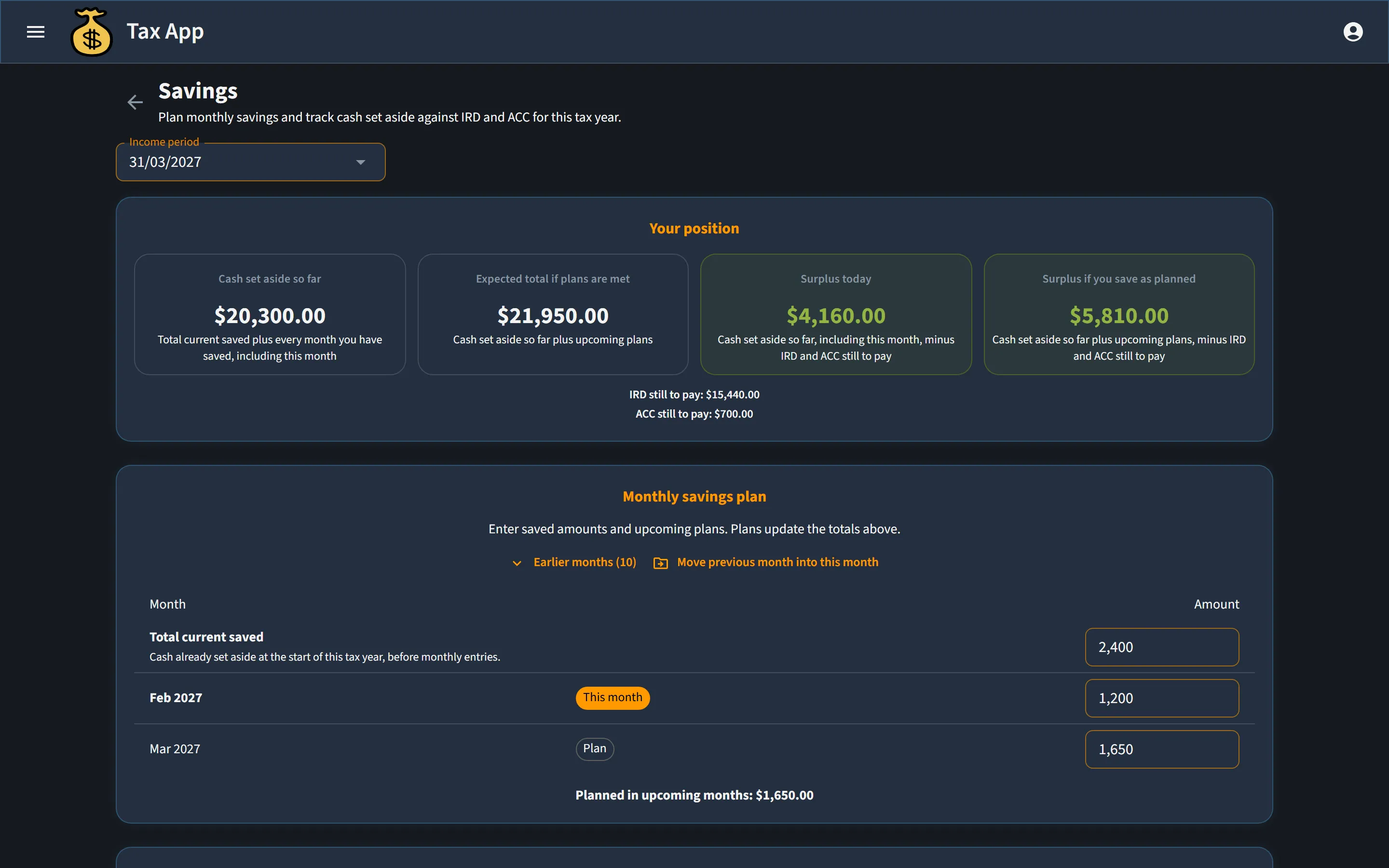 Tax App savings plan showing cash set aside, projected surplus and a monthly savings grid