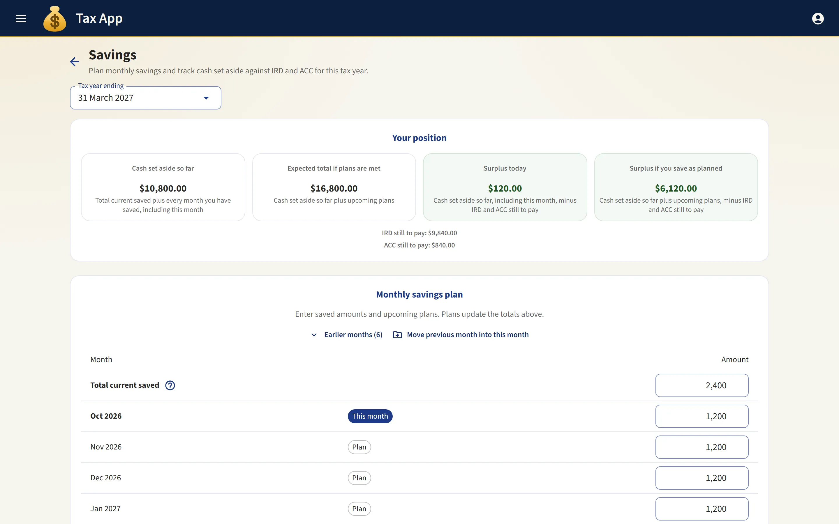 Tax App savings plan showing cash set aside, projected surplus and a monthly savings grid