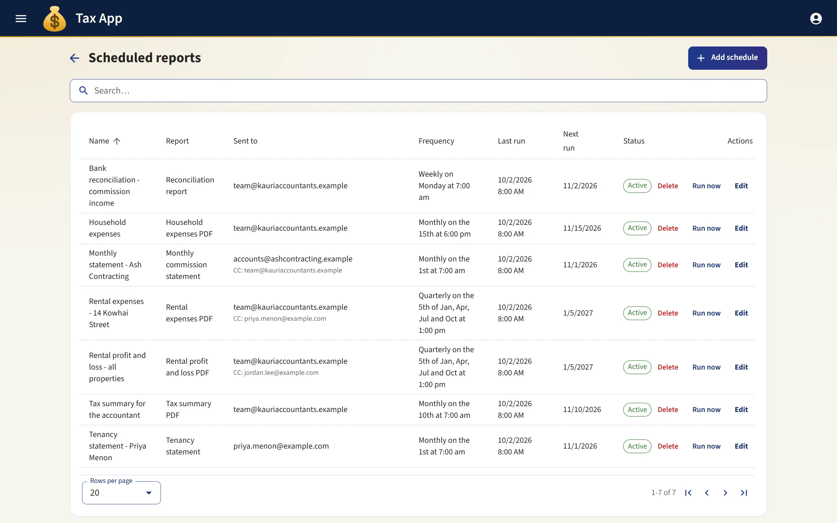 Tax App scheduled reports list, with a row per schedule showing the report, who it is sent to, who is copied on it, how often it runs and when it next runs